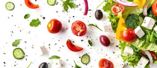 Wall Mural - Greek salad with flying vegetables on a white background promoting healthy eating and lifestyle in a high-resolution image.