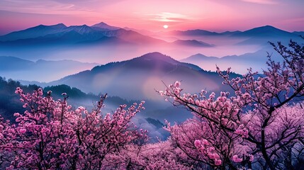 Sticker - Pink Sakura Blossoms Against Misty Mountains