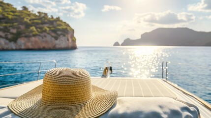 Hat lying down on yacht swimming in open sea with mountain standing out of the water in the background illustrating vacations, relaxation and holidays