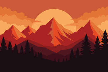 Wall Mural - Beautiful vector landscape of mountains and forests at sunset. Amazing sunset over the mountains. Warm rays of the sun illustration