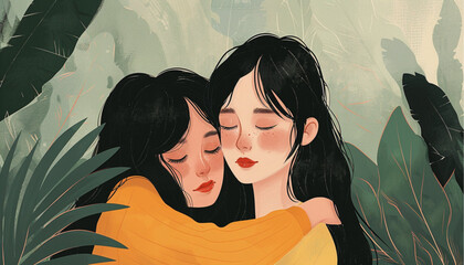 Female friend hug. Women embracing each other, expressing love, affection, support. Vector illustration for friendship, strong relations, support concept