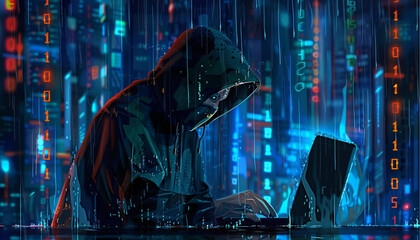 Fraud or scam background. Abstract hacker behind the monitor hologram with programmer code. Cybercriminal on a background. Cyber attack, computer hack, cybersecurity concept. Vector illustration