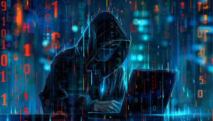 Fraud or scam background. Abstract hacker behind the monitor hologram with programmer code. Cybercriminal on a background. Cyber attack, computer hack, cybersecurity concept. Vector illustration