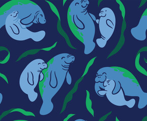Wall Mural - Cute Manatees mammals with babies. Vector pattern design