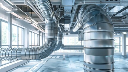 Indoor scene showcasing a modern ventilation system, with a focus on air handling units and air ducts, illustrating HVAC technology and the role of air flow in indoor air quality and climate control