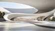 © Ashan - A simple concrete structure featuring curved walls, a white platform, an open-air courtyard, and an empty, abstract architectural design museum plaza as a model of a large showcase showroom