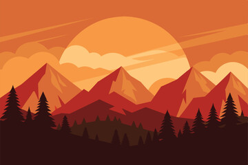 Wall Mural - Beautiful vector landscape of mountains and forests at sunset. Amazing sunset over the mountains. Warm rays of the sun illustration