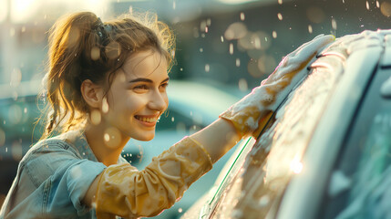 Poster - Woman with a sponge, scrubbing a car