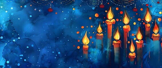 Wall Mural - Vibrant Hanukkah Backdrop with Glowing Candles Festive Ribbons and Watercolor Gradient Design