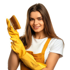 Poster - Woman with cleaning gloves, holding a scrub brush