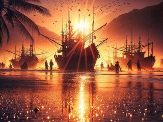 Wall Mural - Viet Nam Beach, dawn mixing with morning dew, sparkles, shiny, reflective glossy water, fishing boats.