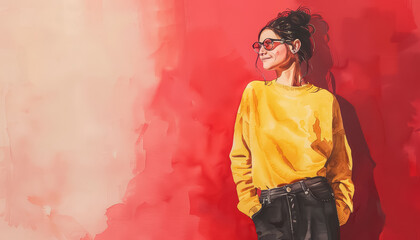 A woman in a yellow sweater stands in front of a red background