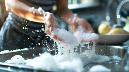 Wall Mural - Woman cleaning dishes in the kitchen sink