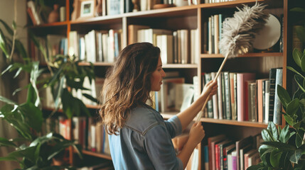 Sticker - Woman dusting a bookshelf with a feather duster