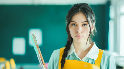 Sticker - Woman holding a dustpan, in a classroom