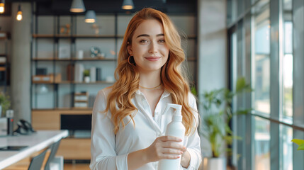 Poster - Woman showing cleaning spray bottle