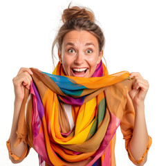 Wall Mural - Woman with a bright scarf on white background, smiling and laughing