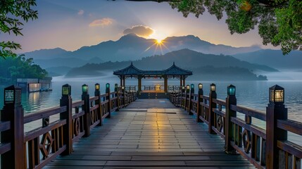 Wall Mural - dock at the pier surround scenic view of mountain in the mist and sunrise at Sun moon lake
