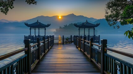 Wall Mural - dock at the pier surround scenic view of mountain in the mist and sunrise at Sun moon lake