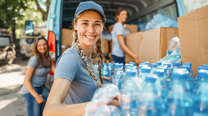 Smiling of volunteers packing water bottles into cardboard boxes outside truck. A woman is smiling as she helps to unload a truck full of water bottles