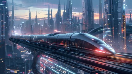 Poster - High-speed bullet train whizzing past a futuristic city skyline against a backdrop of skyscrapers