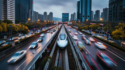 Aufkleber - High-speed train passing through a modern railway bridge over a busy highway