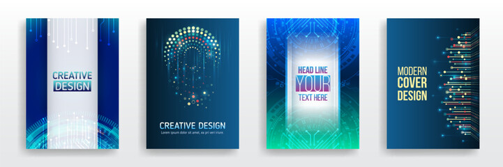 Wall Mural - Modern technology design for posters. Futuristic background for flyer, brochure. Scientific cover template for presentation, banner. Page layout set for sci-fi. Set of high-tech covers for marketing.