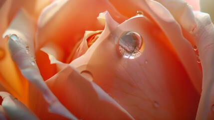 Poster - Macro shot of a water droplet clinging to the petal of a delicate rose, refracting light like a tiny jewel