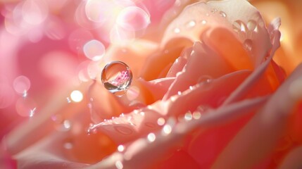 Poster - Macro shot of a water droplet clinging to the petal of a delicate rose, refracting light like a tiny jewel