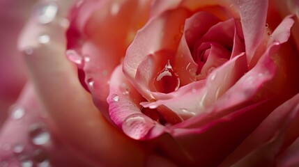 Poster - Macro shot of a water droplet clinging to the petal of a delicate rose, refracting light like a tiny jewel