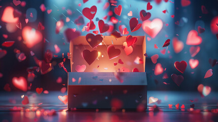 Wall Mural - valentines day celebration with hearts flying out of an open envelope