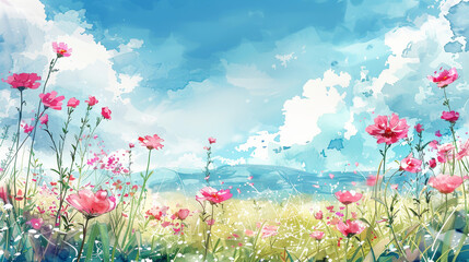 Wall Mural - Beautiful watercolor painting of a summer meadow with wildflowers and blue sky