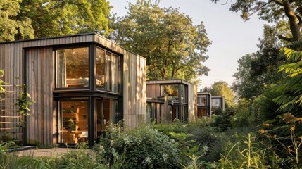 Wall Mural - A row of modern wooden houses with large windows surrounded by greenery