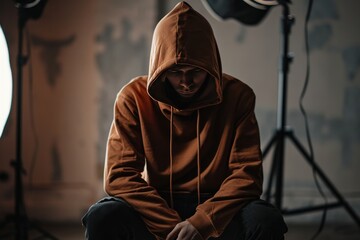 Sticker - A guy in a brown hoodie sits on a photo chair, casual pose, close-up shot, relaxed atmosphere.