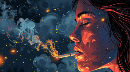 Wall Mural - A woman is smoking a cigarette in a dark room with smoke and fire