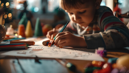 A young boy is drawing a picture with crayons