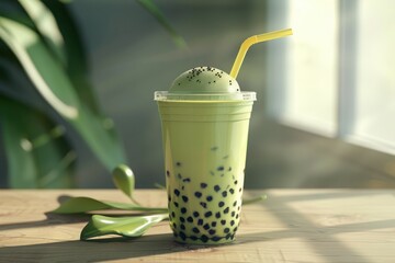 Refreshing matcha bubble tea with tapioca pearls in a plastic cup, illuminated by sunlight on a wooden table.