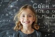 © Dalibor - Beautiful smiling girl against chalkboard, school context, happy expression, classroom setting, youthful energy, cheerful learning experience. ​​