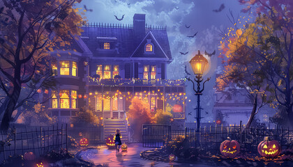 A house with a porch lit up with pumpkins and a moon in the sky