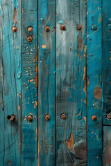 Wall Mural - Background of wooden planks painted in shades of turquoise and teal, evoking a coastal vibe,