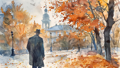 Wall Mural - A man in a hat walks down a street in autumn