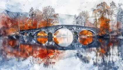 Wall Mural - A painting of a bridge over a river with a bridge in the middle