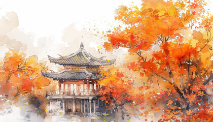 Wall Mural - A painting of a building with a large archway and a tree in front of it