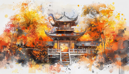 Wall Mural - A painting of a building with a large archway and a tree in front of it