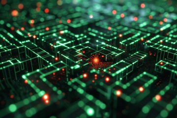 Wall Mural - a digital maze teeming with glowing green code, a single red virus particle navigating through the l