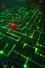 Wall Mural - a digital maze teeming with glowing green code, a single red virus particle navigating through the l