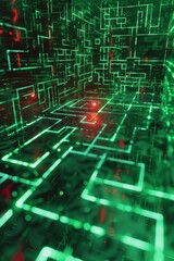 Wall Mural - a digital maze teeming with glowing green code, a single red virus particle navigating through the l