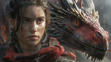 A woman stands in front of a dragon, with the dragon's eyes glowing red