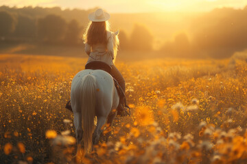 Fairy-tale scene of a person riding a unicorn through a sunlit meadow,
