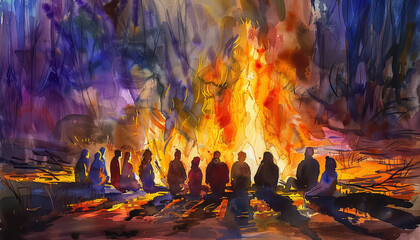 Wall Mural - A group of people sit around a fire, with the flames reaching up to the sky